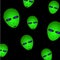 Space drawing. The heads of aliens are green with large luminous eyes on black background. Vector illustration.