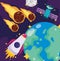 space earth spaceship satellite moon and falling asteroids cartoon