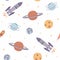 Space elements seamless pattern with rockets, planets, stars and comet