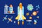 Space elements set. Spacecraft, rocket, astronomy, planet with orbit, ufo, satellite station, comet