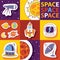 Space equipment vector illustration. Badges, patches, stickers set with Space, UFO, rocket, telescope, comet, sun, moon