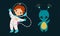 Space exploration and adventures. Boy astronaut in spacesuit and alien floating in outer cosmos vector illustration