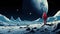 space exploration concept, man in spacesuit walking on the moon with spacecraft behind him,