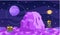 Space exploration illustration, fantasy alien landscape. Cartoon pixel art location for game