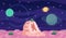 Space exploration illustration, fantasy alien landscape. Cartoon pixel art location for game