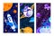 Space exploration near galaxy planet, star, graphic banner set, vector illustration. Rocket fly in universe sky poster