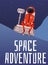 Space exploration poster with cartoon red astronaut sitting on rover robot