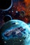 Space exploration, spaceship orbiting around an alien planetary system, 3d rendering