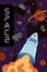 Space exploration or travel poster. Rocket exploring flies outer universe. Spaceship flight in galaxy across stars and