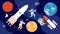 Space explorer set. Moving characters, cosmonaut cartoon in galaxy. Spaceman flying to moon, astronaut planets