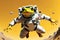 space frog in astronaut suit hovering, panoramic shot, vibrant yellow backdrop, ample negative space