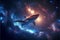Space Giant Shark swims in space cinematic style