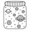 Space in a glass jar.Black and white doodle planets and stars