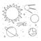 Space. Hand drawn vector illustrations. Ð¡osmic doodle illustration with planets, stars, satellite. Solar system and universe