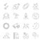 Space icons, astronomy theme, outline style. Contains moon, sun, earth, moon rover, satellite, asteroids, solar