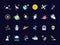 Space icons. Earth moon with sun and satellites asteroid views from telescope vector space icons in flat style
