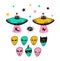 Space icons set of rockets, ufo faces , hand drawn vector illustration.
