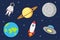 Space illustration with astronaut, planet, rocket, moon and ufo. Cosmic background in flat style.