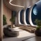 A space-inspired interior design featuring zero-gravity seating and bioengineered plant ecosystems3