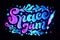 Space jam lettering. Hand drawn calligraphy inscriptions. Brush pen modern text with stars and universe cosmos illustration