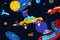 Space jet taxi service, vector illustration. Checkered car carries passengers around planets, constellations and