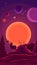 Space landscape with sunset and silhouette of a deer in purple tones, nature on another planet. Vector illustration