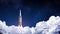 Space Launch System Takes Off On Background Of Blue Sky