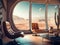 A space living room filled with futuristic furniture and a large window overlooking a desert planet. AI generated