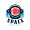 Space logo with astronaut`s protective helmet. Cosmic travel emblem with inscription. Flat vector design for scientific