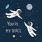 Space love vector illustration. Boy astronaut and girl astronaut