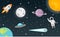 Space with moon, sun, rocket, astronaut, planet, ufo and comet flat design