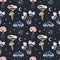 Space mushrooms seamless pattern. Hand drawn line pastel colored mushroom collection. Cosmos, magic or forest doodle plants,