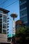 The Space Needle seen from the city streets in Seattle Washington