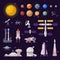 Space Objects Collection, Solar System Planets, Rocket, Shuttle, Rover, Artificial Satellite, , Space Industry Concept