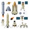 Space Objects and Cosmos Exploration Equipment Collection, Astronautics and Space Technology Theme Flat Vector