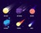 Space objects. Glowing universe astronomy set meteor asteroid vector comets collection in cartoon style
