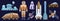 Space objects set, astronaut character, rocket and spaceship, antenna and telescope