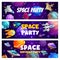 Space party, cartoon spacecrafts, galaxy rockets