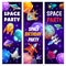 Space party, cartoon spacecrafts, starship rockets