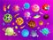 Space planets, asteroid, moon, fantastic world game vector cartoon icons. Color asteroid and planet, illustration