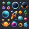 Space planets, cartoon fantasy alien galaxy, asteroids and halo on orbits, craters, rings and magma on sky with stars, meteors,
