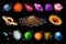 Space planets. Cartoon Universe elements, fire stones, ice comets, iron and gas planets, detailed fantasy colorful