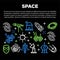 Space poster of cosmic rockets planet sand satellites outline vector astronomy icons