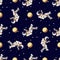 Space print. Flat Funny flying astronaut in space with stars and moon. Seamless pattern