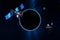 Space probes and satellites on the background of a black hole. Space exploration, science, galaxy core, star death. 3D