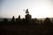 Space radar antenna on sunset. Silhouettes of satellite dishes or radio antennas against night sky. Space observatory or Air