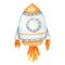 Space rocket launch. Spaceship start isolated watercolor illustration. Cute Cartoon kids space ship.