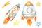 Space rocket launch, stars set. Spaceship start isolated watercolor illustration. Cute Cartoon kids space ship.