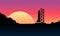 Space rocket ready to start on launching site. Spaceship silhouette takeoff countdown on the sunset illustration