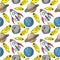 A space rocket, round planets and the moon, a yellow comet. seamless pattern on white background